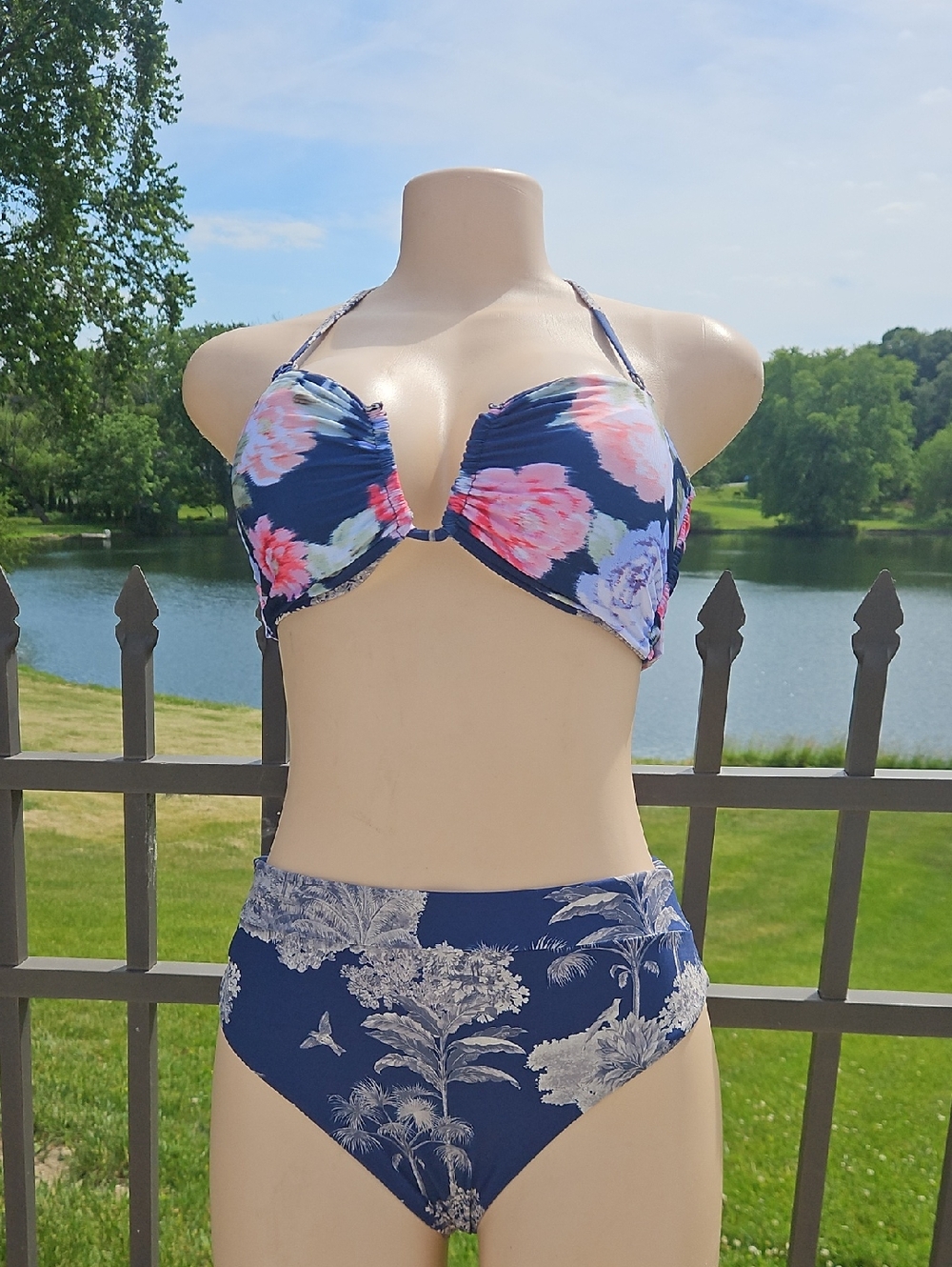 Maaji Navy Floral Push-Up Bikini with Pink and Lavender Accents